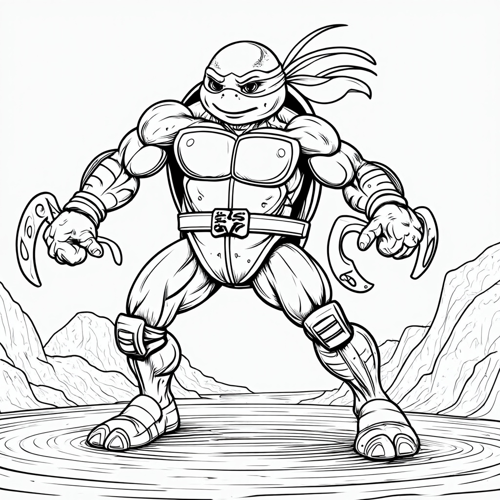 The image shows a sketch of a teenage mutant ninja turtle standing in front of a backdrop of mountains. The turtle is wearing a red bandana and has a determined expression on its face. The coloring page is free to print and can be used for various activities.