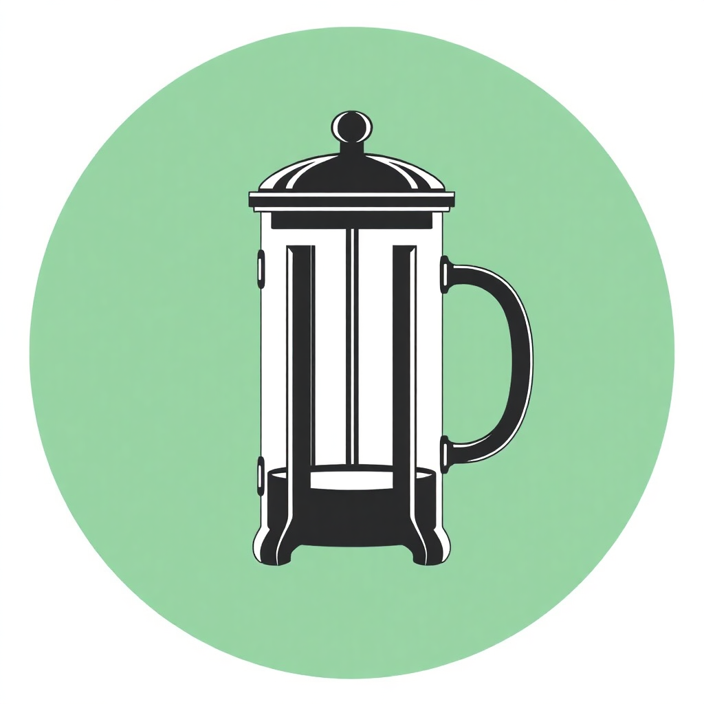 The image is a black and white illustration of a french press coffee maker. The french press is in the center of a green circle. It has a cylindrical body with a handle on the right side and a spout on the left side. The lid is round and has a small knob on top. The handle is curved and appears to be made of metal. The body of the french press has a striped pattern on the sides and a small opening at the bottom. The overall design is simple and minimalistic.