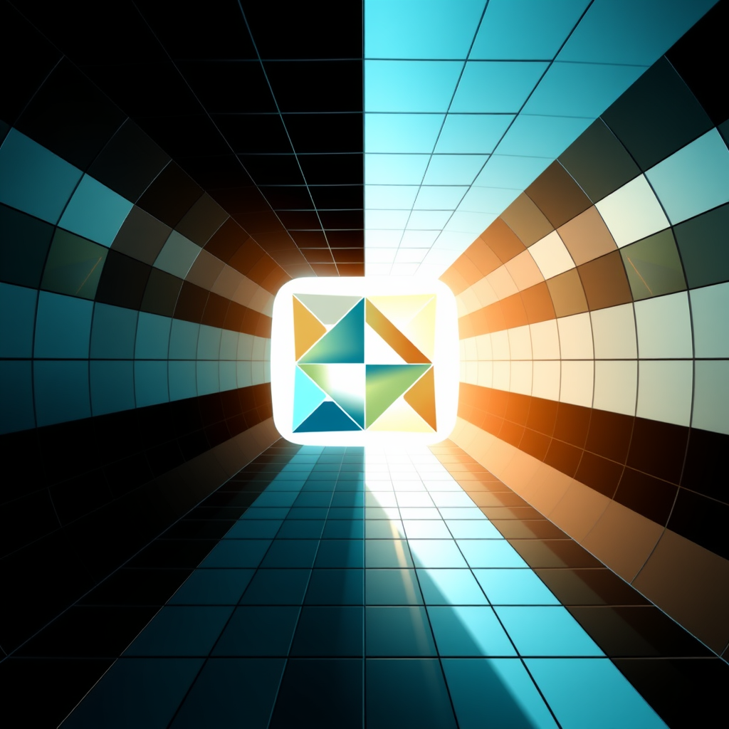 Sub-Design Idea 2 (Perspective Grid Portal): The logo features a receding perspective grid, creating a visual path into a dimensional portal. Emerging from or framed by this portal is an abstract, multi-faceted geometric form, perhaps subtly echoing the letter 'B' or Microsoft's four-square motif. Light, shadow, and reflections on the facets enhance the 3D effect and technological feel.