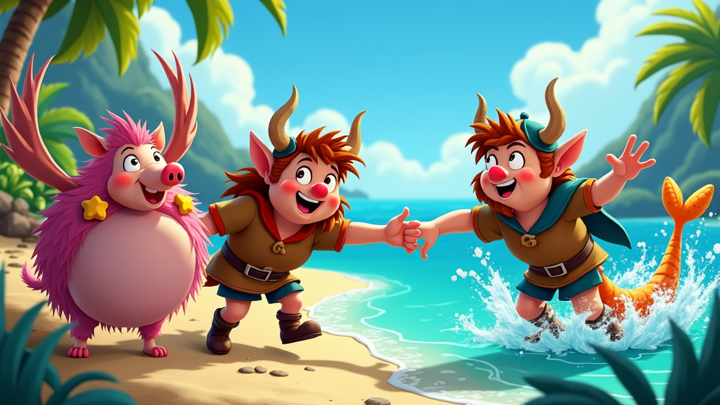 A cartoon series about a group of young Vikings who discover a hidden island populated by friendly mythical creatures, such as playful sea serpents and fluffy, winged boars.