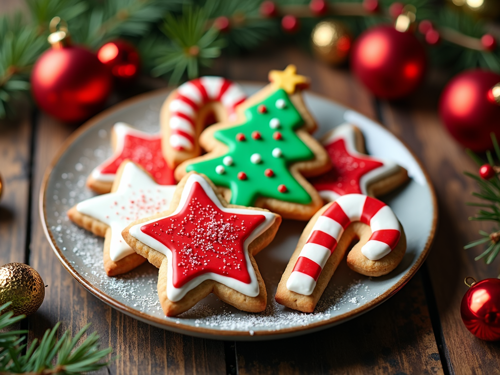  a plate of decorated Christmas cookies on a wooden table. The plate is round and has a gold rim. The cookies are in the shape of stars, a Christmas tree, and a candy cane. They are decorated with red and white icing and sprinkles. There are also red and gold Christmas baubles scattered around the plate. The background is blurred, but it appears to be a wooden surface with greenery and other festive decorations. The overall mood of the image is cheerful and festive.