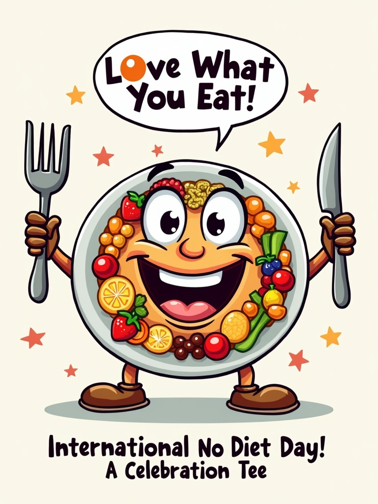 Happy Plate Character: A smiling cartoon plate holding a fork and knife, with a speech bubble saying 'Love What You Eat!'. The plate could contain a colorful mix of 'fun' foods. The text 'International No Diet Day - A Celebration Tee' encircles the design or is placed below.