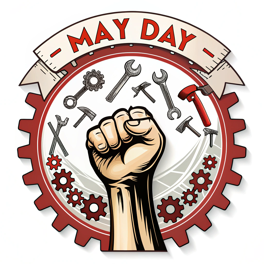 Simple Logo Idea: A circular emblem featuring a central raised fist. The fist is encircled by a ring composed of repeating worker's tools (like small gears, wrenches, and hammers linked together). The words 'MAY DAY' or a specific group name can be arched above or below the emblem.