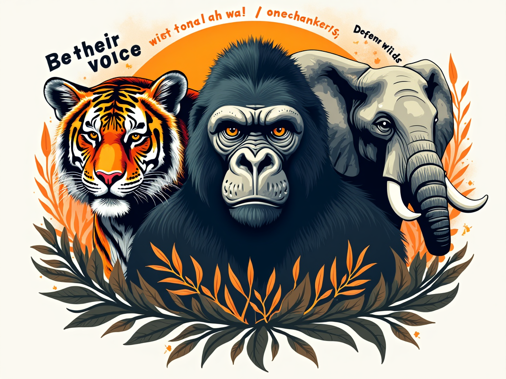 Eco-Warrior Animal Portraits: Stylized, bold portraits of endangered animals (e.g., tiger, gorilla, elephant) depicted with a determined, 'warrior' gaze. Incorporate subtle natural elements or tribal patterns. Earth Day messaging like 'Be Their Voice' or 'Defend the Wild'.