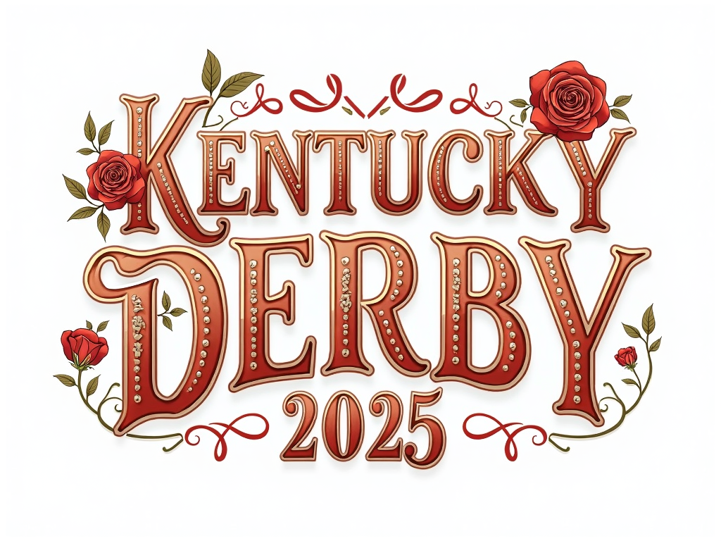 Typography-Led Design: 'Kentucky Derby' and '2025' as the primary design elements, with rose and horseshoe motifs creatively integrated into the lettering or as surrounding accents.