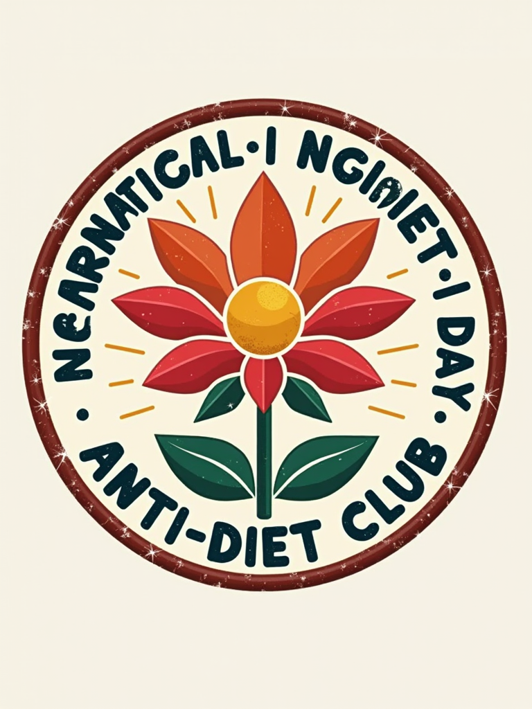 T-Shirt Design Idea 4: 'Anti-Diet Club Emblem'. A retro or vintage-inspired circular patch or emblem design. Text arched around the border: 'International No Diet Day.' Center text: 'Proud Member: Anti-Diet Club' or 'Body Positive Alliance.' Central graphic could be a broken diet book icon, a smiley face, or a stylized blooming flower.