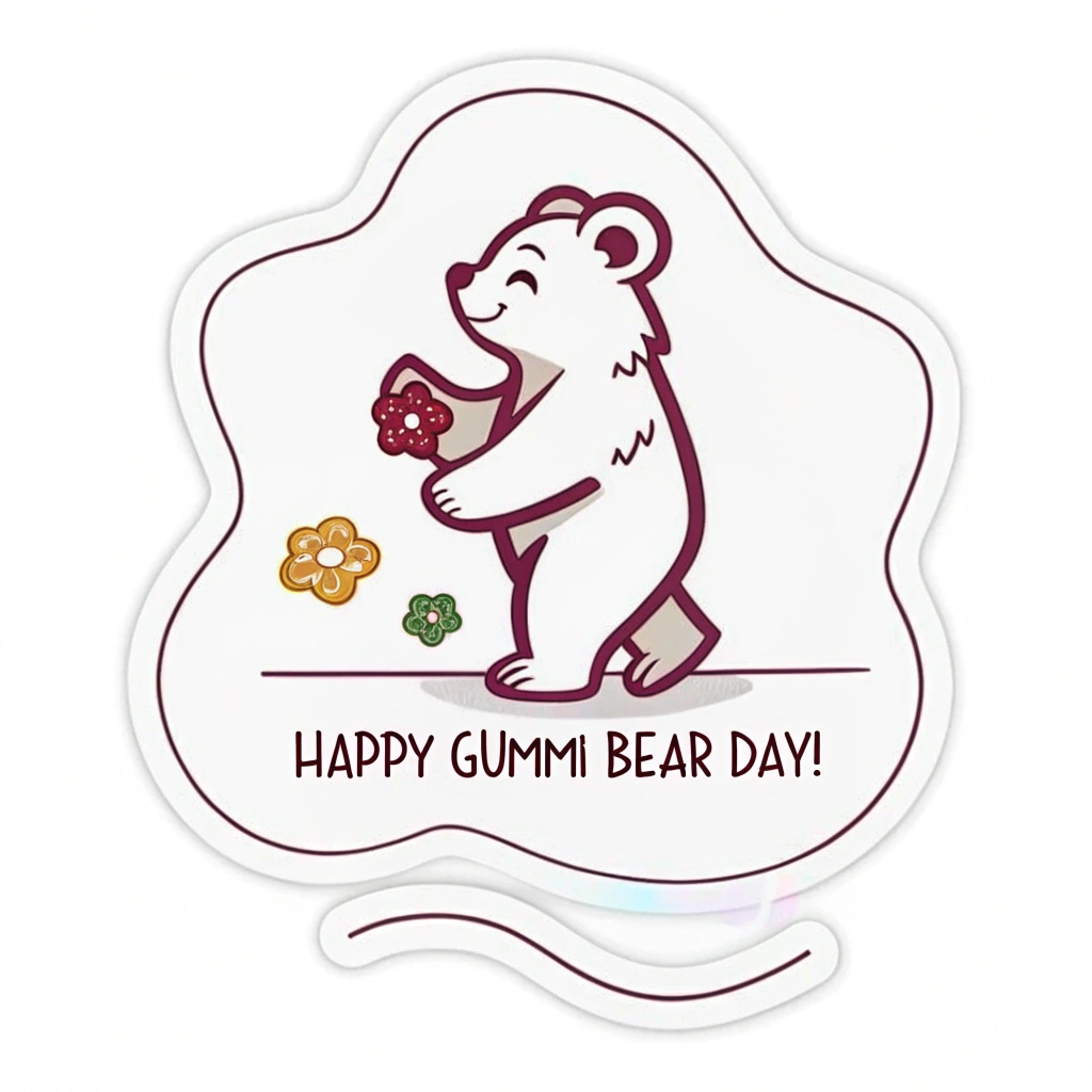 Simple Icon Idea for Gummi Bear Day: A clean, stylized outline of a single gummi bear. The text 'Gummi Day!' or just 'Happy Gummi Bear Day!' in a simple, legible sans-serif font could be placed compactly beneath it.