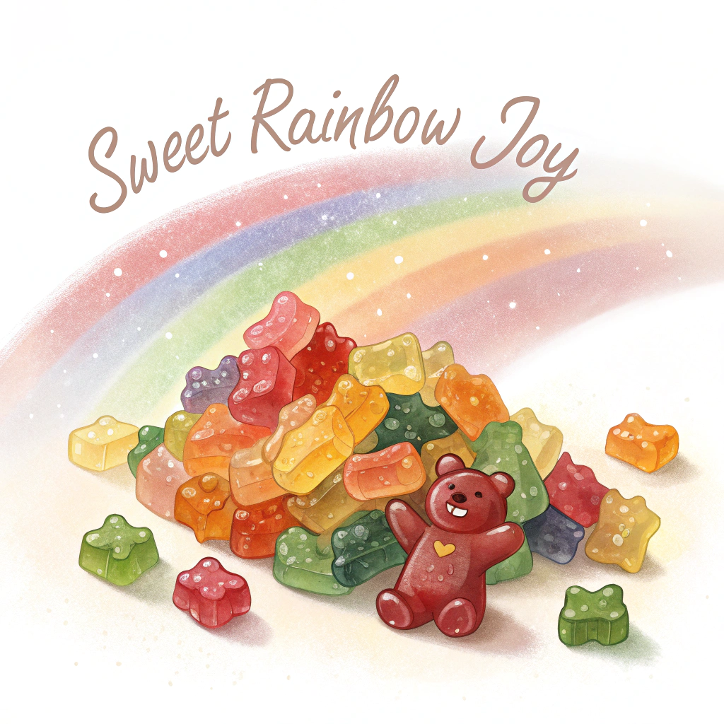 A playful pile of various multi-colored Gummi Bears with a subtle rainbow gradient shimmering over them, captioned 'Sweet Rainbow Joy'.