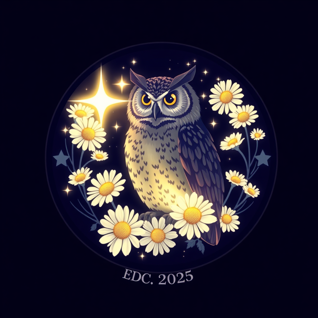 Nightbloom Emblem: A circular emblem or crest where a wise owl perches within or emerges from a wreath of glowing daisies and celestial motifs. The owl and daisies appear interconnected, bathed in starlight. 'Starlight Guardian EDC 2025' is inscribed, possibly in an arc.