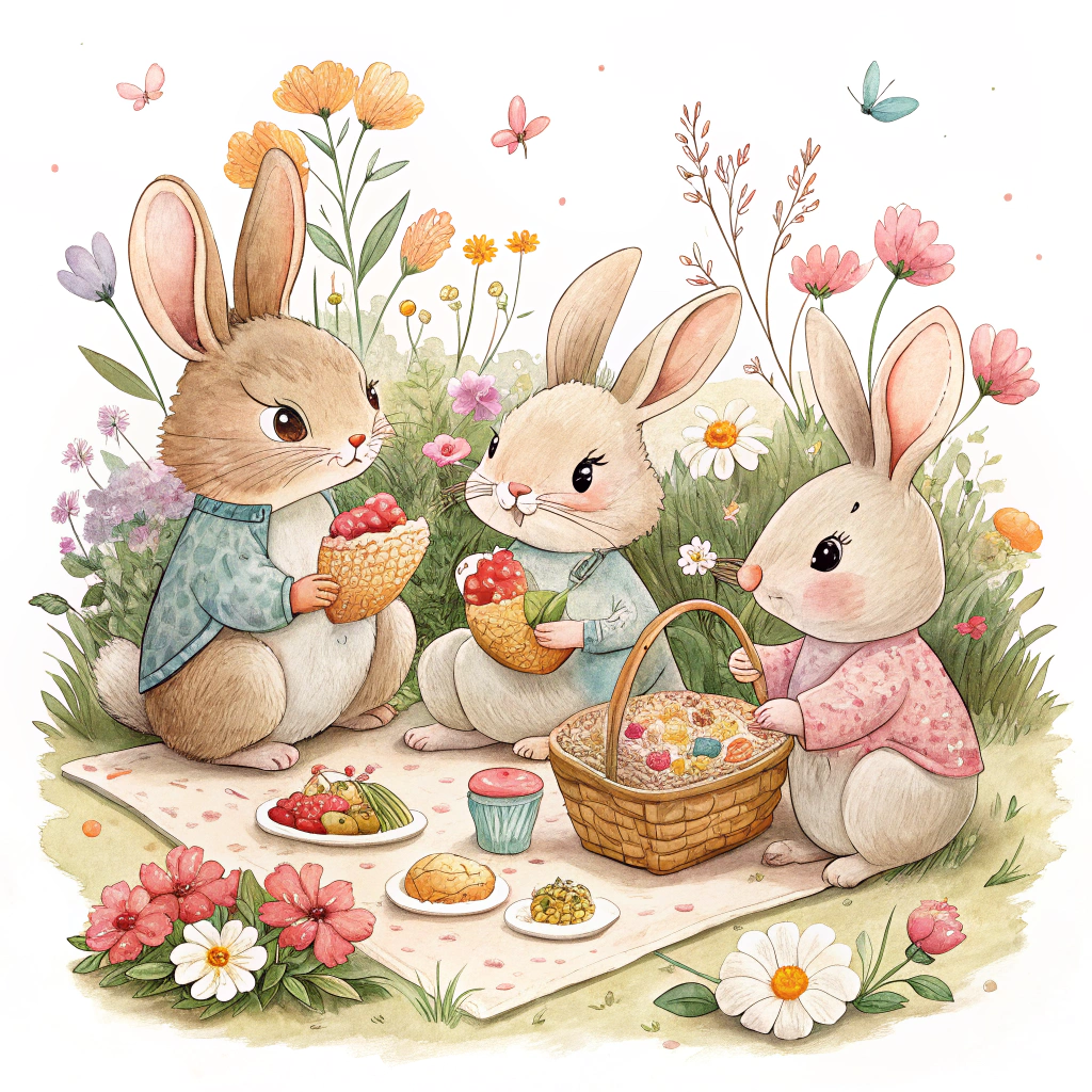 A sticker featuring a group of cute bunnies having a picnic on Easter Monday, surrounded by colorful spring flowers.