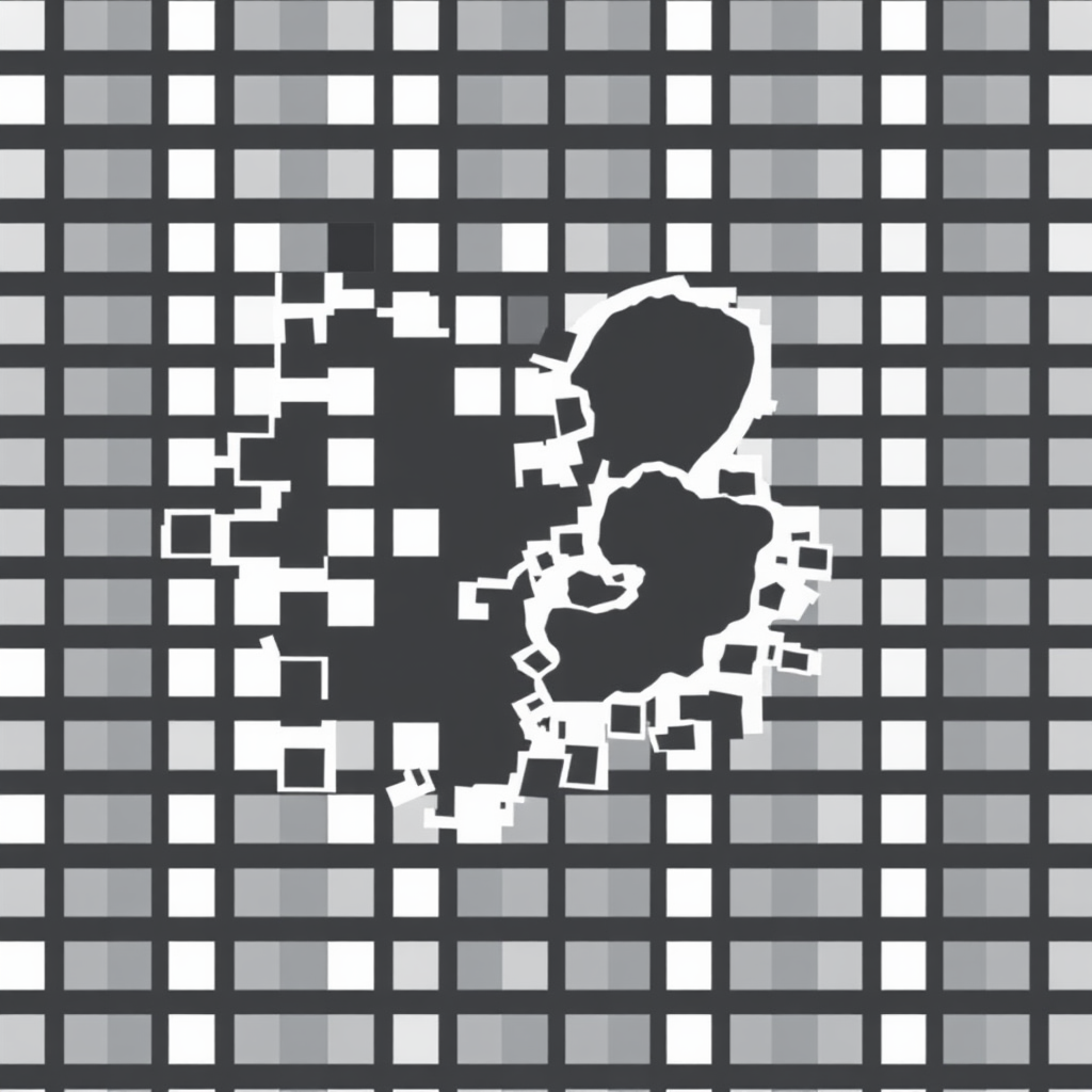 Fragmented Grid to Cohesive Form: A regular grid of pixels or code blocks that appears to be breaking apart. Some fragments remain sharp and pixelated, while others meld and flow together to create a larger, continuous organic silhouette, illustrating genesis from discrete units.