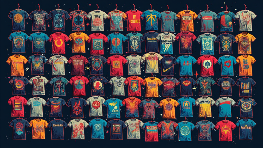A collage of numerous small, distinct T-shirt designs covering the entire shirt, each representing a unique style (e.g., retro, futuristic, artistic, tribal), all appearing to originate from a single point or the phrase 'Generative AI'.