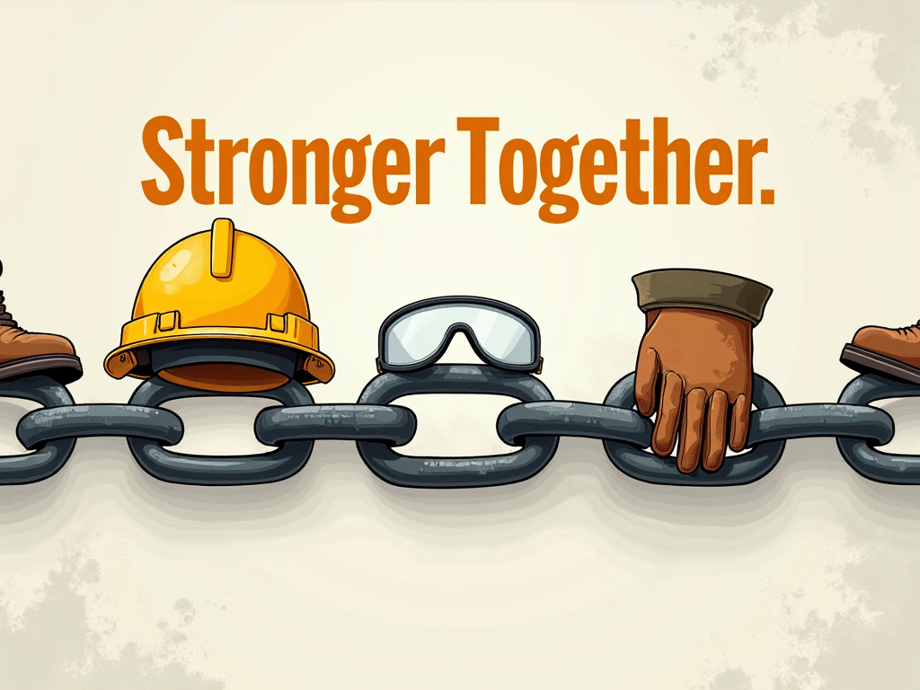 Safety Gear Chain Link: Illustrate a strong chain where each link is represented by an essential piece of safety gear (helmet, goggles, gloves, boots). This symbolizes how individual commitment to safety and teamwork forms an unbreakable chain of protection. Slogan idea: 'Stronger Together - Our Teamwork is Our Protection.'
