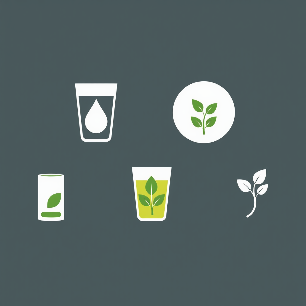 Minimalist eco-symbol integration: A set of clean, minimalist icons for various beverage types, where a common eco-symbol (e.g., a leaf, water droplet, sprout) is cleverly incorporated into the negative space or a key design element of each icon.