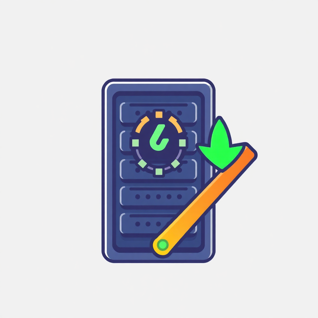 The image is an illustration of a server rack with a clock on top of it. The server rack is blue in color and has multiple slots for data storage. On the top of the server rack, there is a green clock face with a yellow arrow pointing upwards. The arrow is pointing towards the clock face, indicating that the server is in the process of transferring data. The overall design is simple and minimalistic.