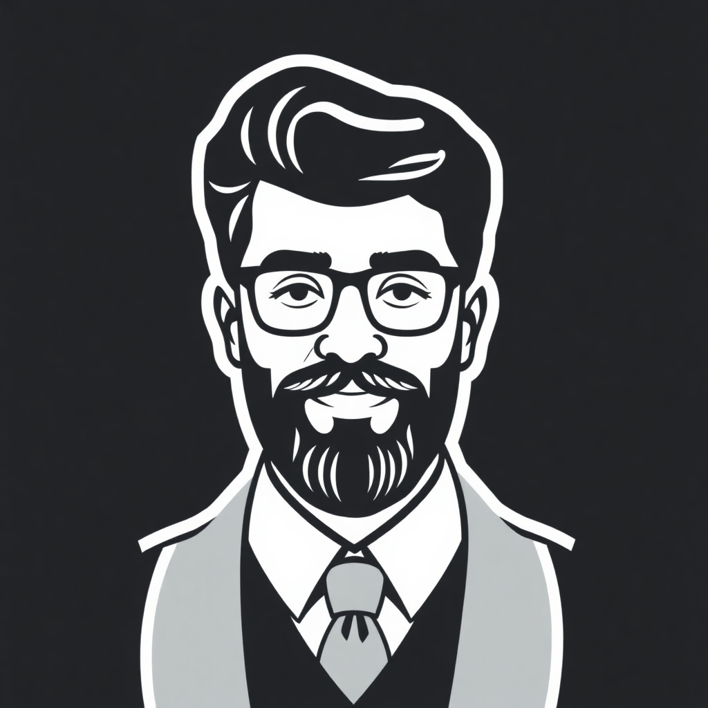 The image is a black and white illustration of a man's face. The man has a beard and mustache, and is wearing glasses. He has a serious expression on his face and is looking directly at the viewer. He is wearing a suit and tie, and the background is black. The illustration is simple and minimalistic, with no additional details or shading.