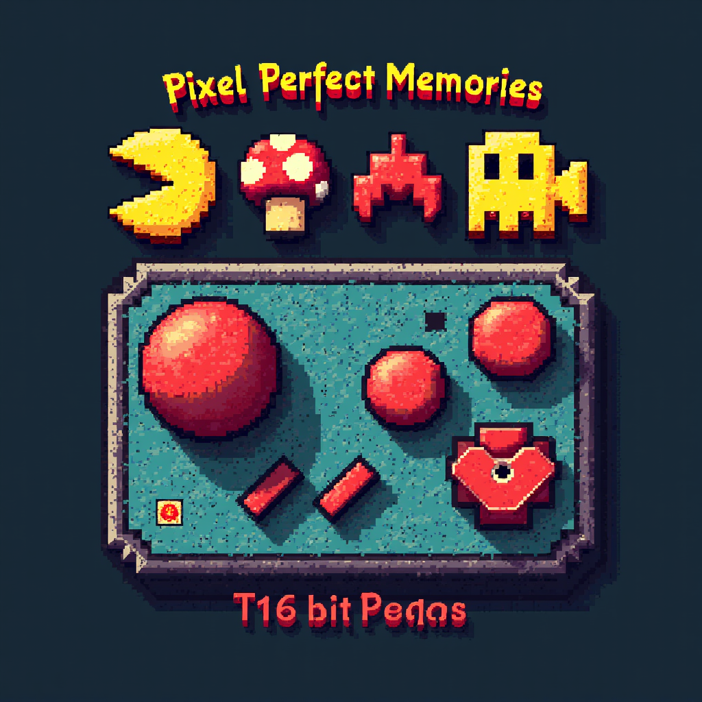 Nostalgia Core T-Shirt Design: A collage of iconic pixel art elements from various 8-bit and 16-bit retro games (e.g., Pac-Man ghost, Space Invader, Mario mushroom, Zelda heart container) arranged to form a larger retro gaming symbol, like a joystick or a classic console shape. Tagline: 'Pixel Perfect Memories'.