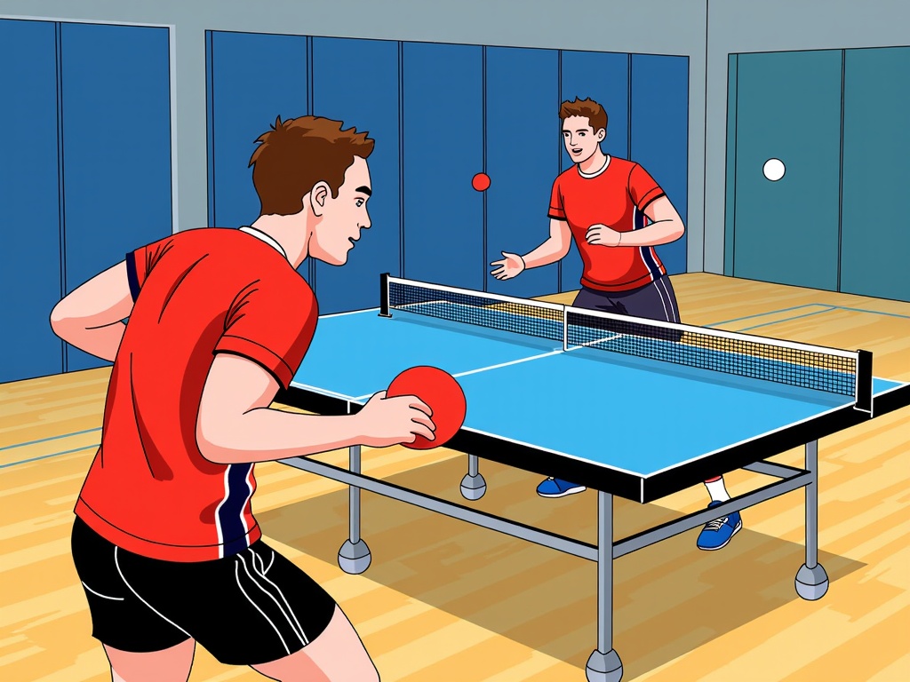  two young men playing table tennis in a gymnasium. They are both wearing red t-shirts and black shorts. The man on the left is holding a red ping pong paddle and is in the process of hitting the ball over the net. The other man is standing behind the net, ready to hit the ball. The background shows blue lockers and a wooden floor. The image is animated, giving the impression that the two men are actively engaged in the game.