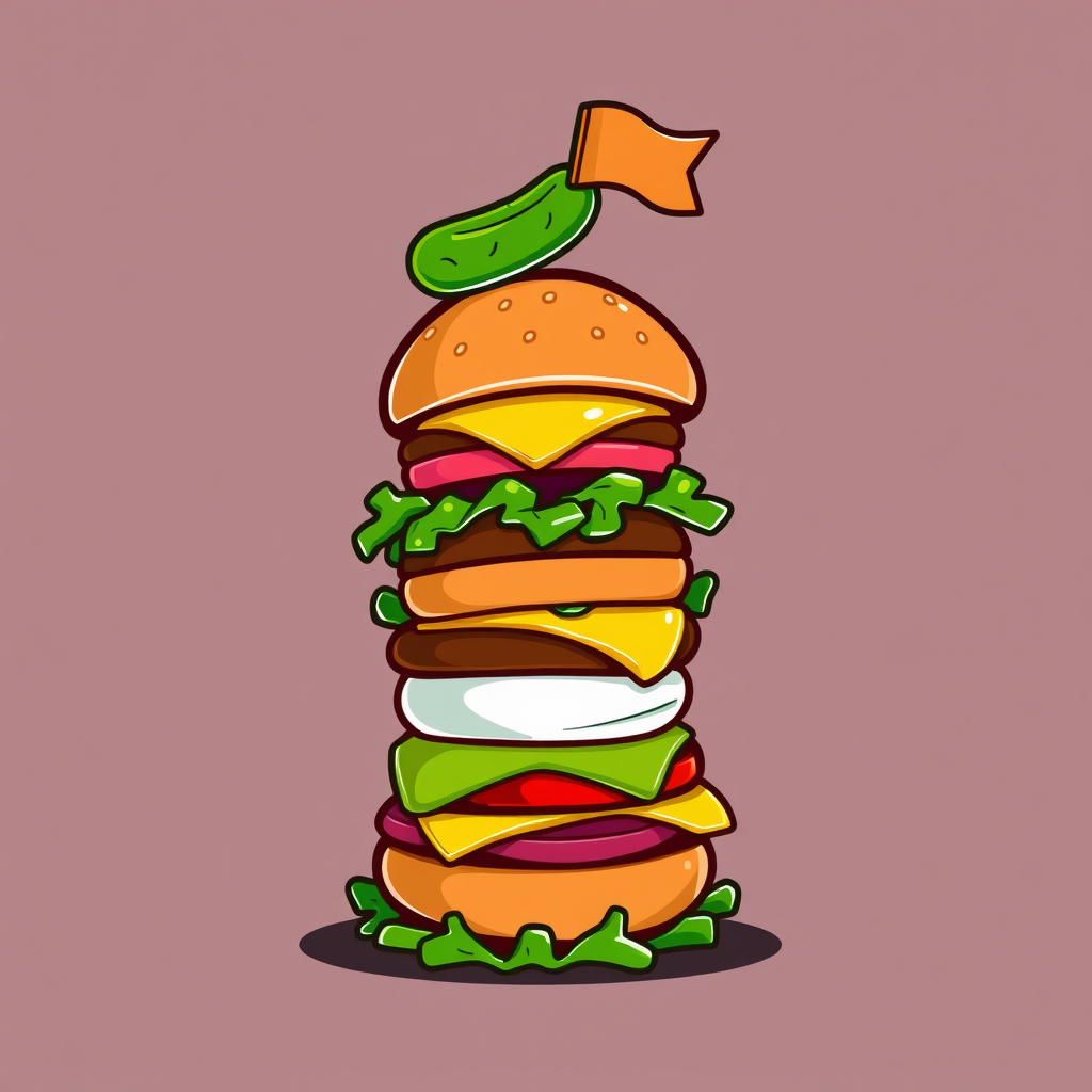 A stack of hamburger ingredients forming a wobbly, cartoonish tower, topped with a waving flag of a pickle.