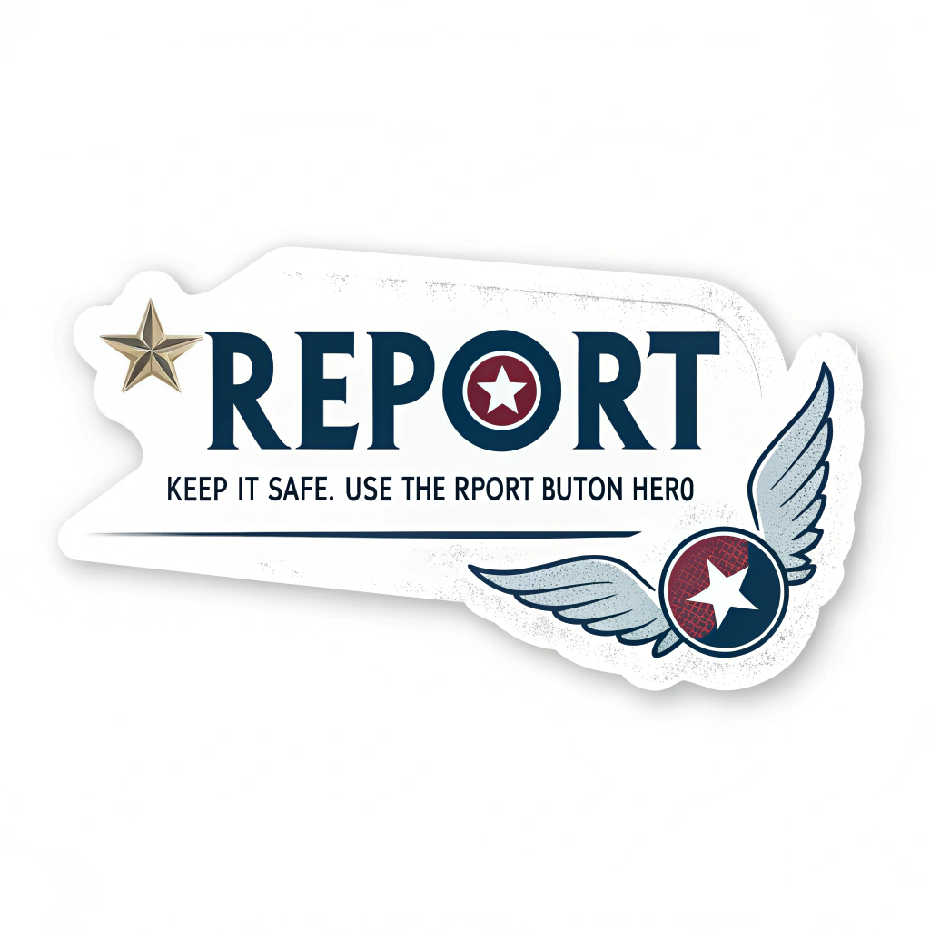 Sticker Design Sub-Idea 4: A typography-focused sticker with the word 'REPORT' in large, bold, heroic lettering. A small heroic emblem (like a star, a miniature shield, or a tiny cape element) could be integrated into one of the letters. Tagline underneath: 'Keep It Safe. Use the Report Button Hero.'