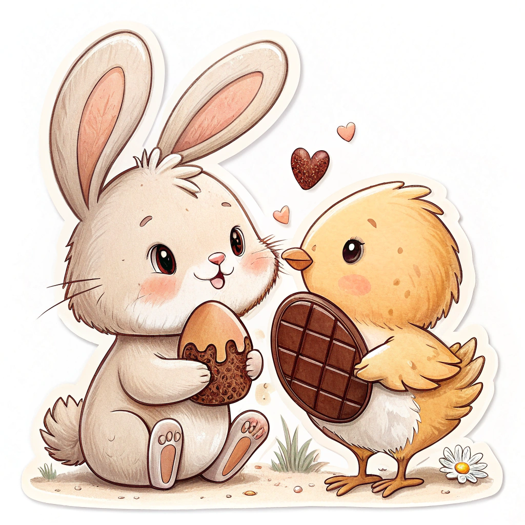 A sticker with a bunny and a chick sharing a chocolate bunny.