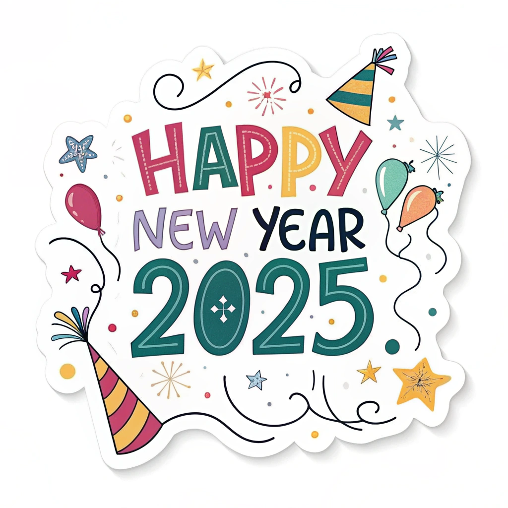 The image shows a white background with a sticker that reads Happy New Year 2025 surrounded by colorful balloons, stars, and a party hat, creating a festive atmosphere to celebrate the start of a new year.