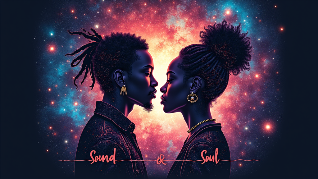 Celestial Silhouettes: Kendrick Lamar and SZA's profiles or silhouettes against a backdrop of a vibrant nebula or colliding galaxies. 'Cosmic Collision' text integrated into the space imagery, with 'Sound & Soul' subtly woven with light or sound wave accents.