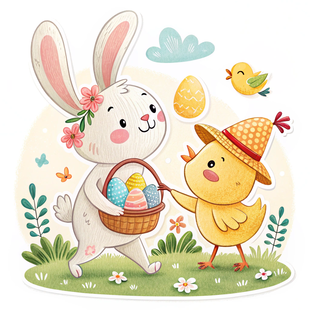 A cute sticker featuring a bunny and chick celebrating Easter Monday.