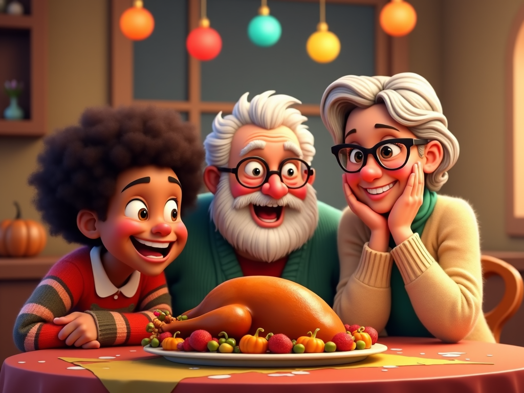 A vibrant cartoon family poses for a Thanksgiving dinner photo, with a beautifully cooked turkey in front. In the whimsical room, an aunt with quirky glasses mimics a turkey call, making a youngster and a grandparent chuckle, while bright ornaments hang over the buffet. Joy and amusement paint this animated thanksgiving scene.