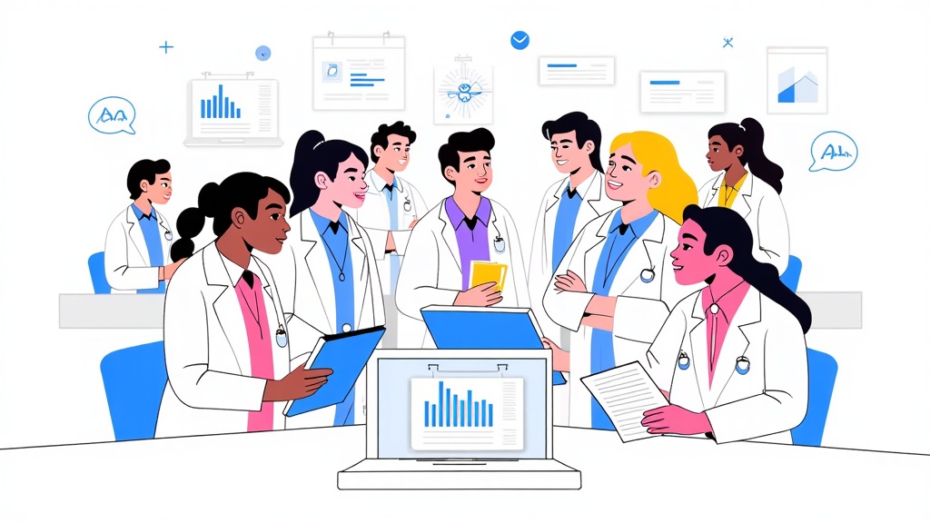 A diverse group of medical students and educators collaborating globally through an AI-powered platform that translates languages, shares complex data visualizations, and facilitates joint learning exercises.