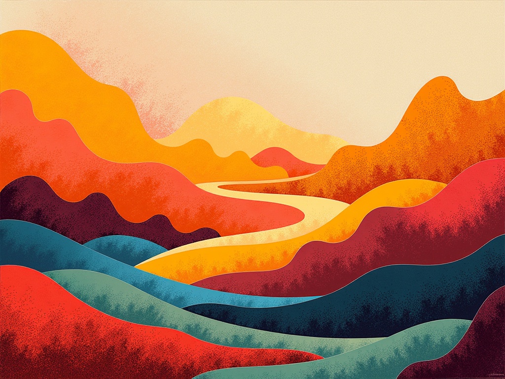 Echoes of Memory Landscapes: AI interprets the emotional essence of memories—both personal and collective—into abstract terrains. Colors, textures, and fragmented forms evoke the distilled feeling of a past experience rather than its literal depiction, like a faded emotional blueprint.