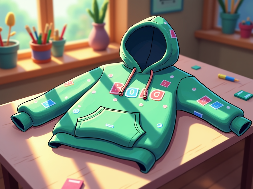 Cartoon hoodie laid out on a flat surface displaying playful pixel art designs.