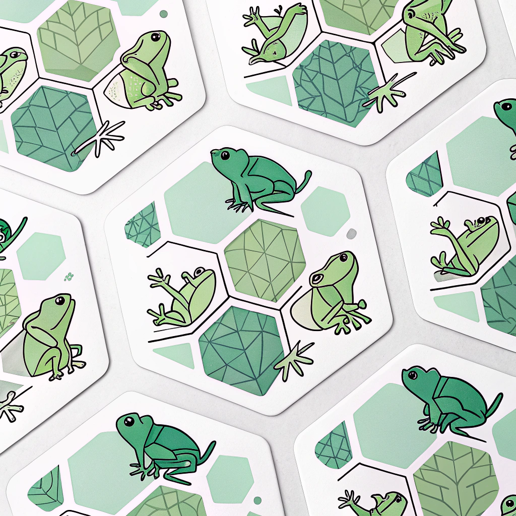A tessellated pattern of small, simple geometric frogs in various shades of green.