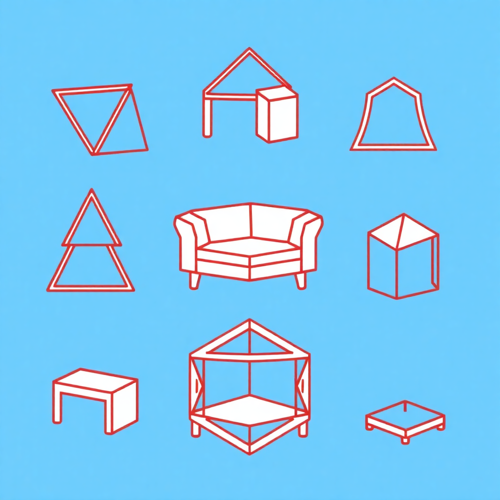 A set of interlocking geometric shapes, like triangles, squares, and hexagons, that can be connected to create different furniture pieces or structures.