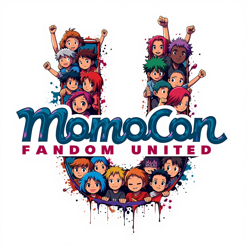 Simple Logo Idea (for 'MomoCon Fandom United'): A logo design for 'MomoCon Fandom United' where the text integrates symbolic elements of unity; for instance, the letter 'U' in 'United' could be formed by multiple, diverse character-like strands flowing together, or iconic motifs from various amine genres subtly woven into the lettering.