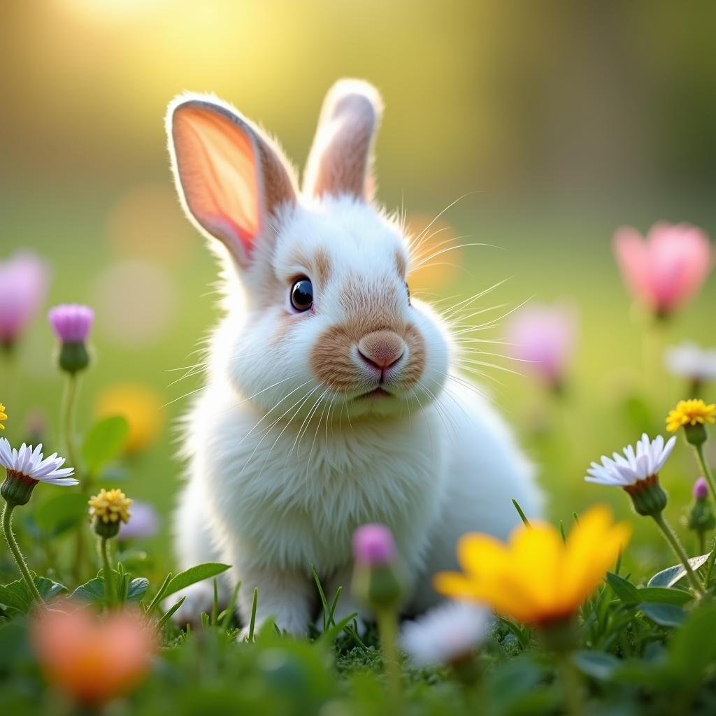 The image is a close-up of a white rabbit sitting in a field of colorful flowers. The rabbit is facing the camera and its ears are perked up, as if it is looking directly at the camera. The background is blurred, but it appears to be a grassy field with more flowers and plants. The colors in the image are bright and vibrant, with shades of pink, yellow, and white. The overall mood of the image is cheerful and playful.