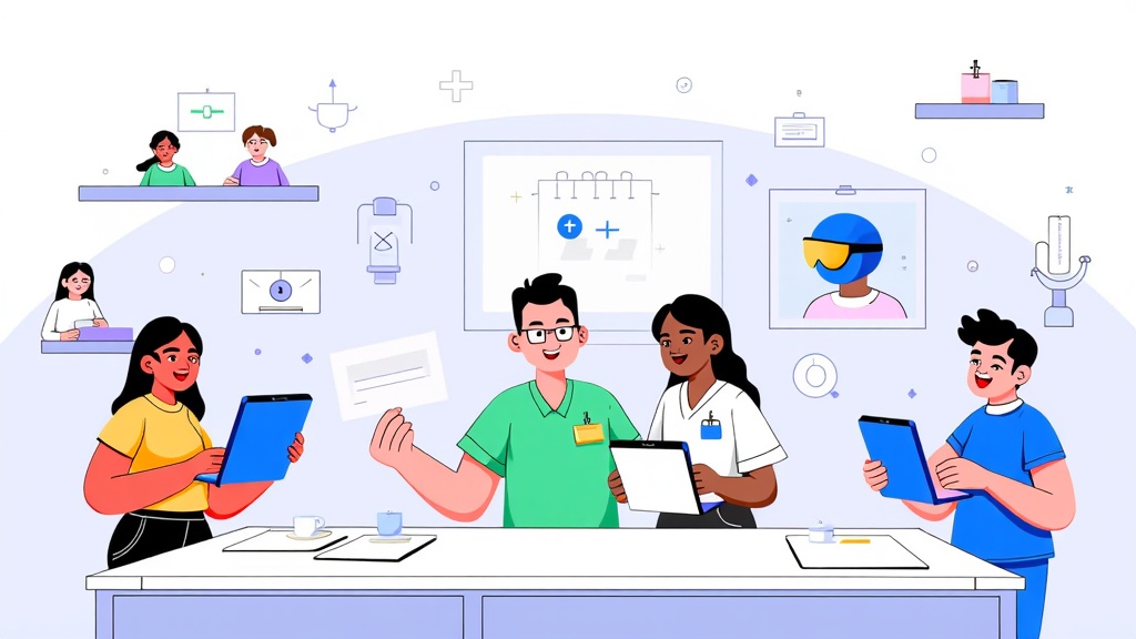 Students using futuristic devices with personalized AI-driven learning paths, showcasing adaptive curriculum and AI tutors for medical training.