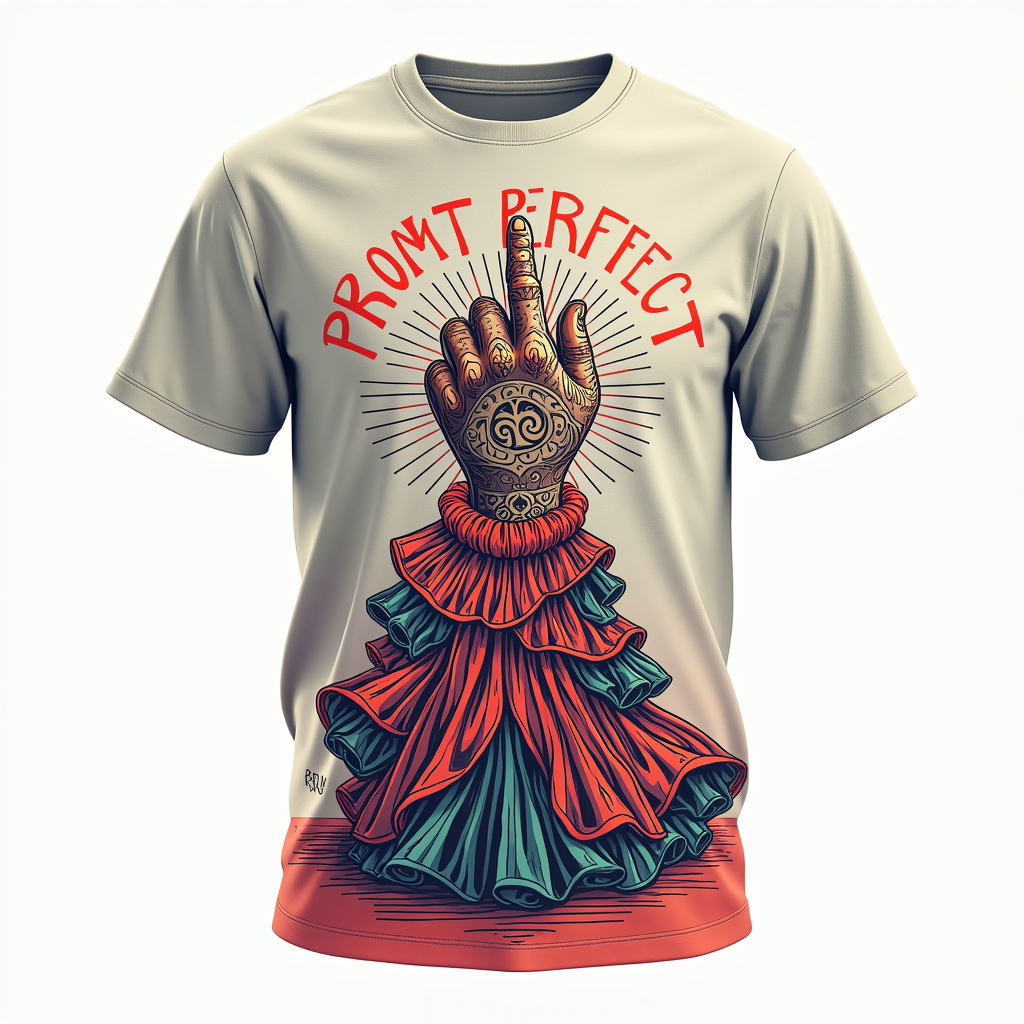 T-shirt Design 1: 'The Prompt Alchemist' - Features a stylized hand carefully crafting a text prompt that visually transforms into a complex, beautiful piece of AI-generated fashion (e.g., a unique dress or futuristic garment). Text: 'Prompt Perfect: Weaving Worlds with Words'.