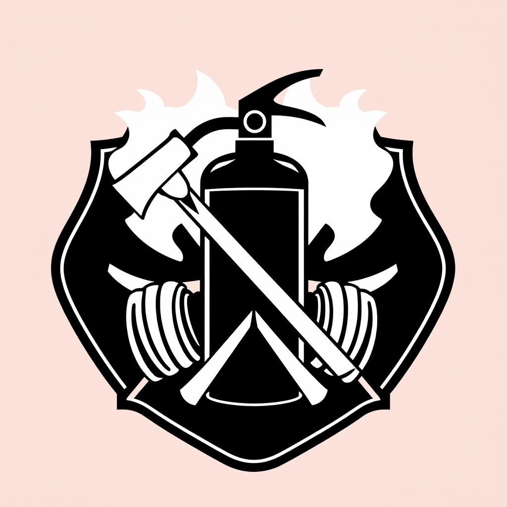 A logo that combines the silhouette of a fire extinguisher with a crossed axe and hose, creating a badge-like emblem for fire safety equipment or services.