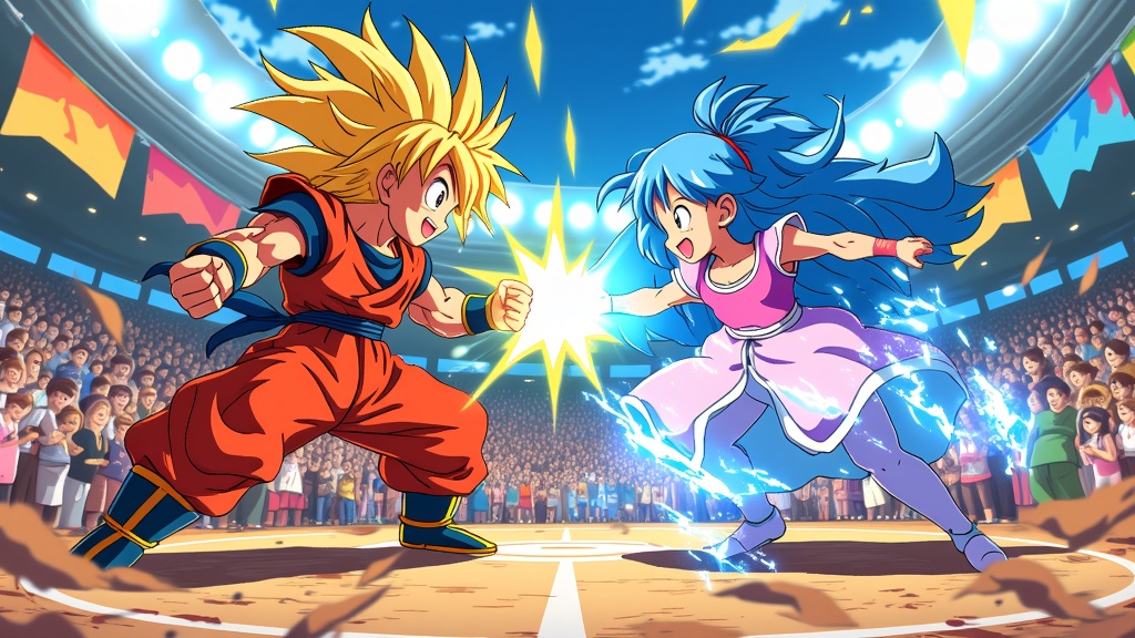 Sub-design Idea 2 (Dynamic Crossover Event): Illustrate key characters from multiple iconic anime series participating in a friendly, epic mock battle, sports event, or talent show on a grand stage, showcasing their unique abilities and united spirit.