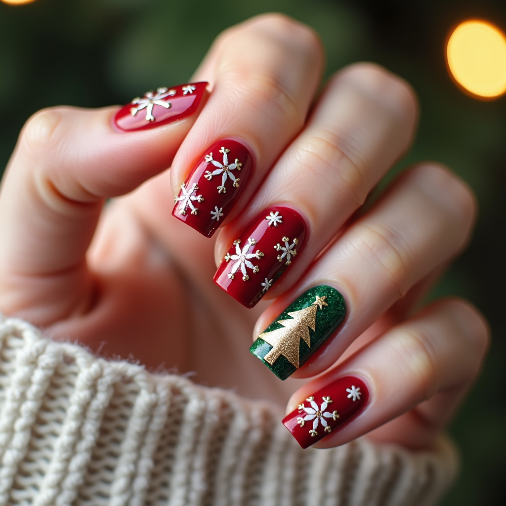  a close-up of a person's hand with their fingernails painted in a festive red color. The nails are decorated with white snowflakes and a small Christmas tree design. The background is blurred, but it appears to be a Christmas tree with lights, suggesting that the person is wearing a knitted sweater. The overall mood of the image is cheerful and festive.