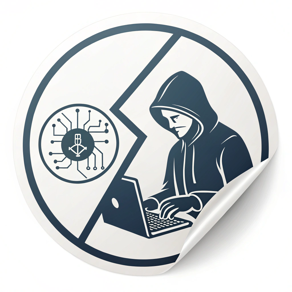 Simple Logo Idea: The anonymous hacker silhouette integrated into a circular or hexagonal boundary, with a single, sharp line cutting through the design to represent a breach or penetration, or a digital node pattern within the silhouette.