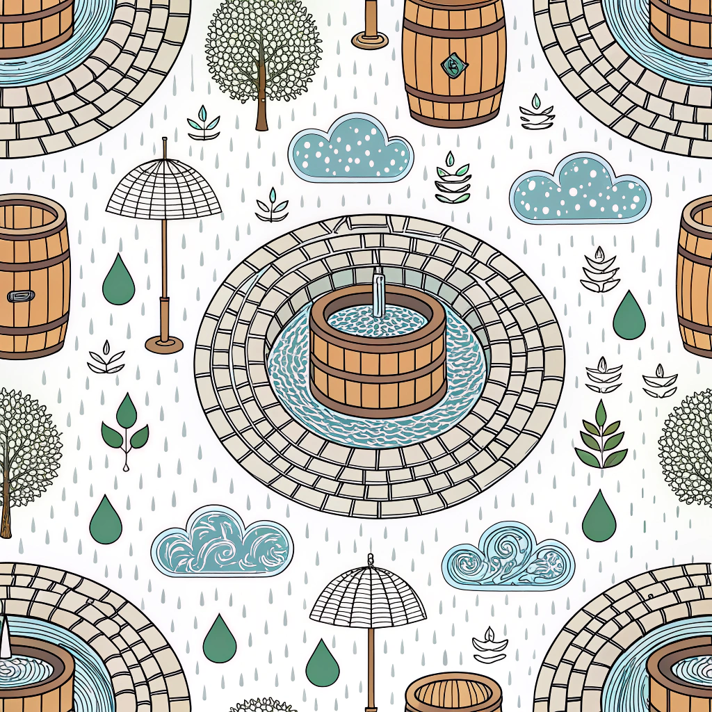 A design showcasing stylized rainwater harvesting elements like rain chains, barrels, and permeable paving patterns that direct and absorb water.