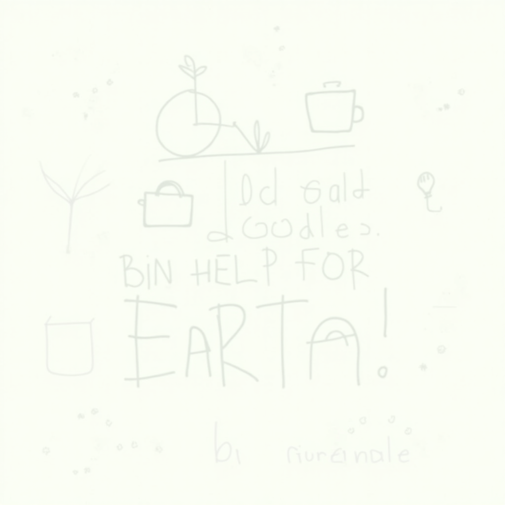 A pattern or scattered collage of small, simple doodle icons representing Earth-friendly activities: a bicycle, a tree sapling, a water droplet, a lightbulb being switched off, a recycling symbol, and a reusable shopping bag. Text: 'Little Doodles, Big Help for Earth!' in a simple, child-like script.