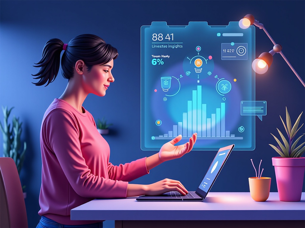 An individual calmly interacting with a personalized holographic health dashboard projected from their advanced wearable, showing AI-driven insights and friendly notifications.