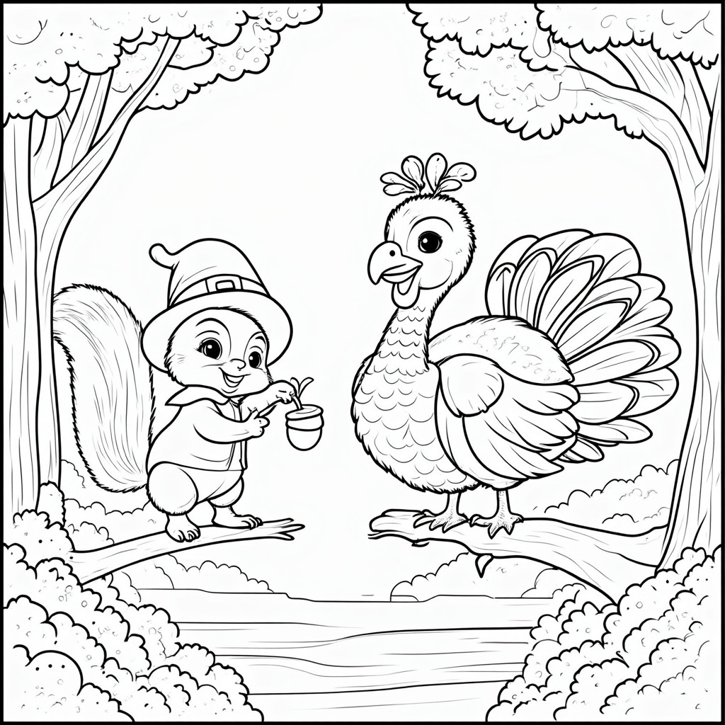 A cute squirrel dressed as a pilgrim, balancing on a branch while offering a tiny acorn to a larger-than-life turkey wearing a comical headdress made of colorful leaves.