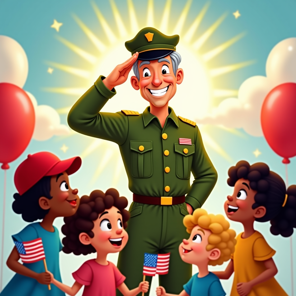 A bright and colorful cartoon illustration featuring a smiling veteran in a classic green uniform, saluting proudly. Beside him, a group of diverse children gaze up with admiration while waving tiny American flags, surrounded by balloons in red, white, and blue. A backdrop of fluffy clouds and a radiant sun adds a sense of joy and gratitude for Veterans Day.