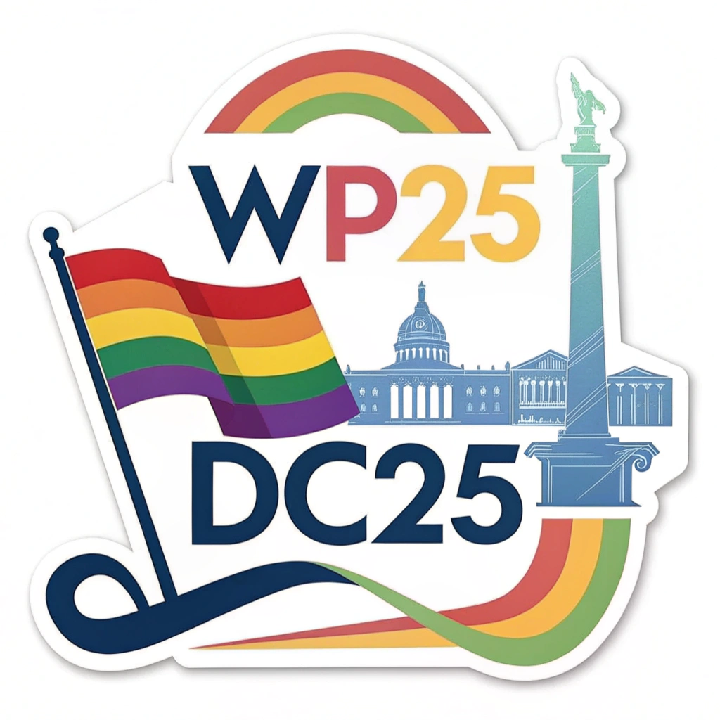 Simple Logo Idea: The initials 'WP25' (for WorldPride 2025) or 'DC25', where one of the letters (e.g., the 'P' or 'D') is creatively merged with a recognizable D.C. landmark shape and subtly incorporates the Pride rainbow colors within its form.