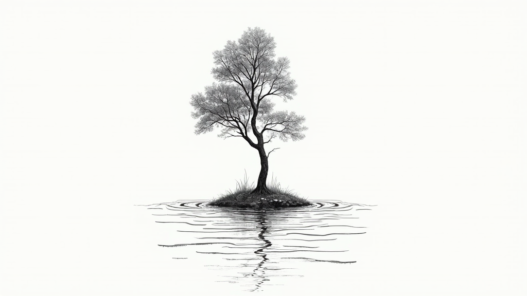 A split design: one half features the delicate line art of a tree's leafy branches reaching upwards, and the other half shows the serene line art of flowing river currents or gentle lake ripples meeting at a central axis.