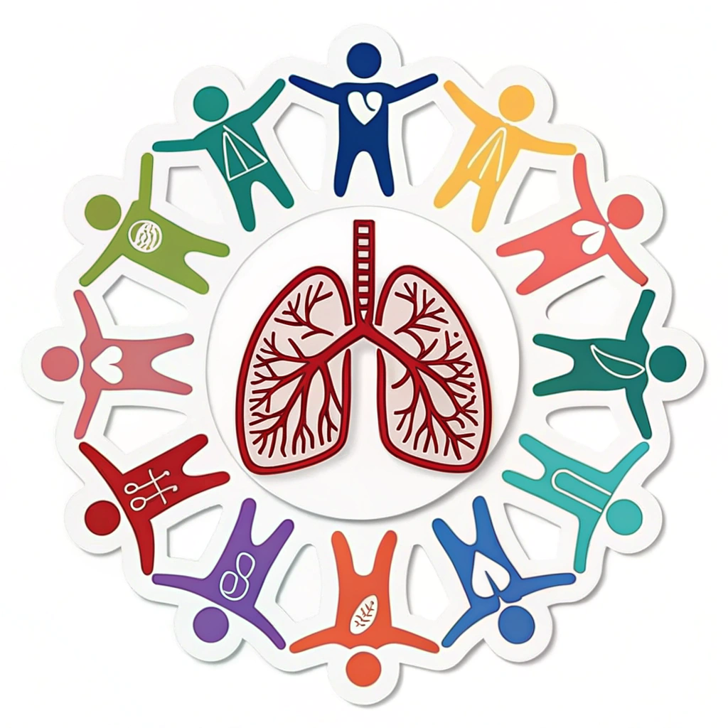 Sub Design Idea 2: Create a sticker design showing diverse, simplified human figures holding hands around a central lung icon, symbolizing global solidarity for asthma awareness. The figures could be in various colors.